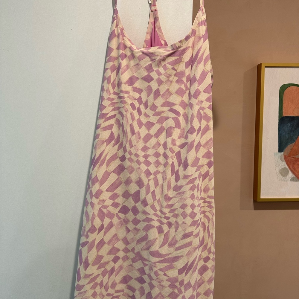 Outdoor Voices Purple and White Check workout dress with attached shorts.